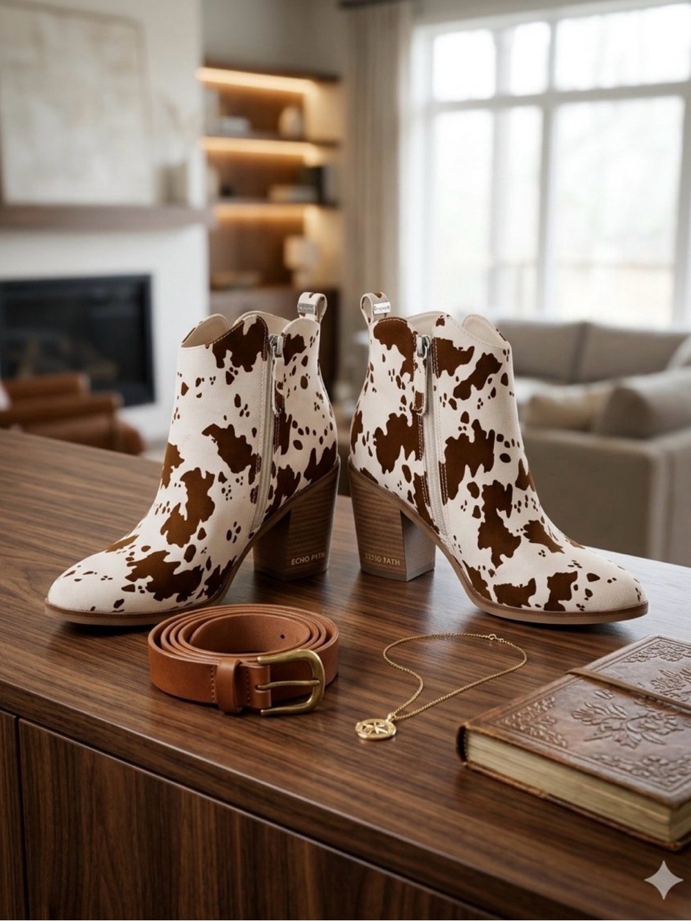 Altar’d State Emery Ivory Tan Brown Cow-Print Almond Toe Ankle Boots - 8.5